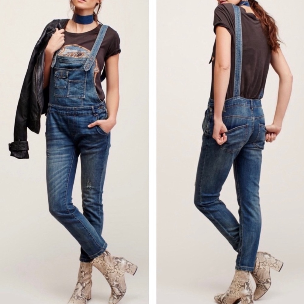 Free People Distressed Straight Leg Denim Overalls size 28